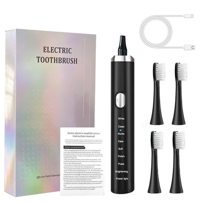 Kit que incluye un cepillo de dientes eléctrico recargable de color negro con múltiples modos de limpieza.