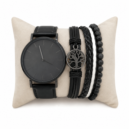 Juego de Reloj Minimalista Negro con Pulseras de Cuero Trenzado y Cuentas para Hombre.