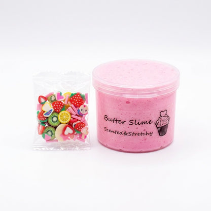 Slime de mantequilla perfumado de color rosa, diseñado para ser súper suave, elástico y no pegajoso.