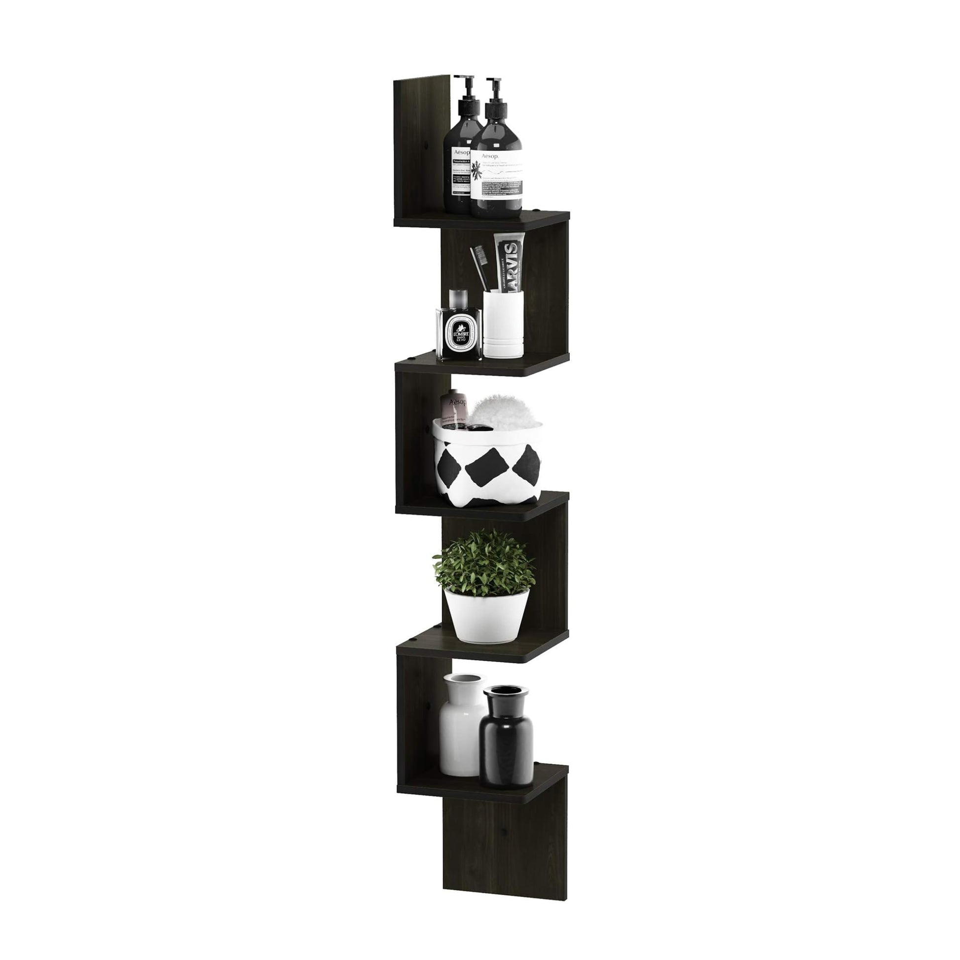 Estantería radial para esquina de pared, montaje flotante de 3 niveles.