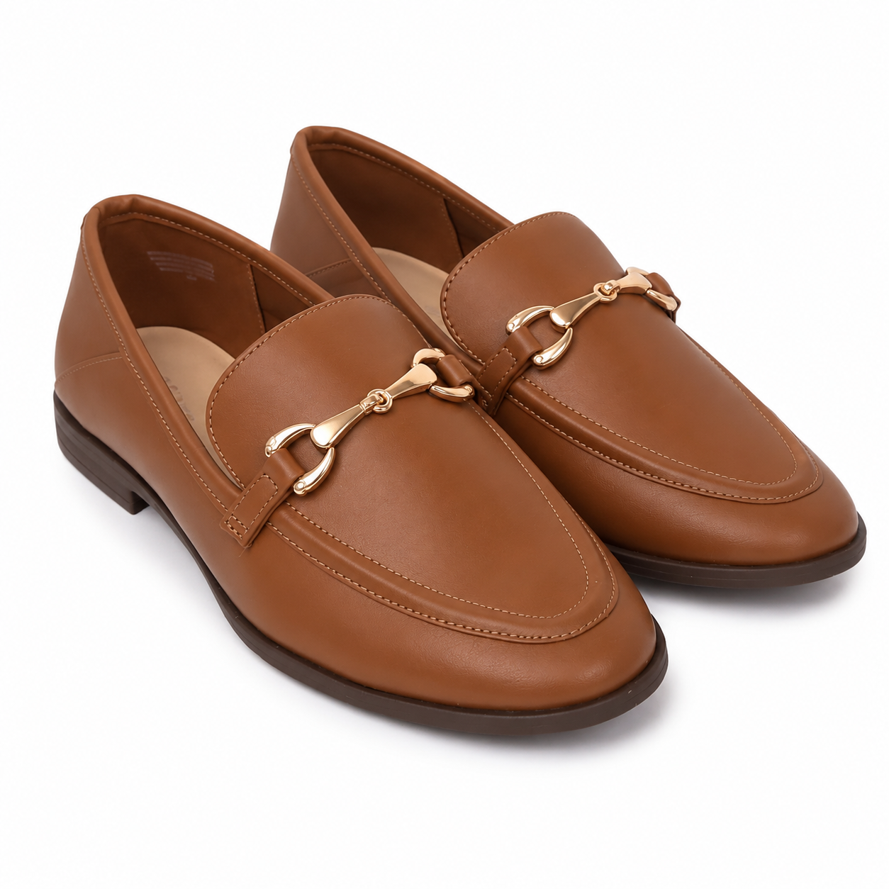 Mocasines de mujer color coñac con detalle metálico dorado, talla 8.