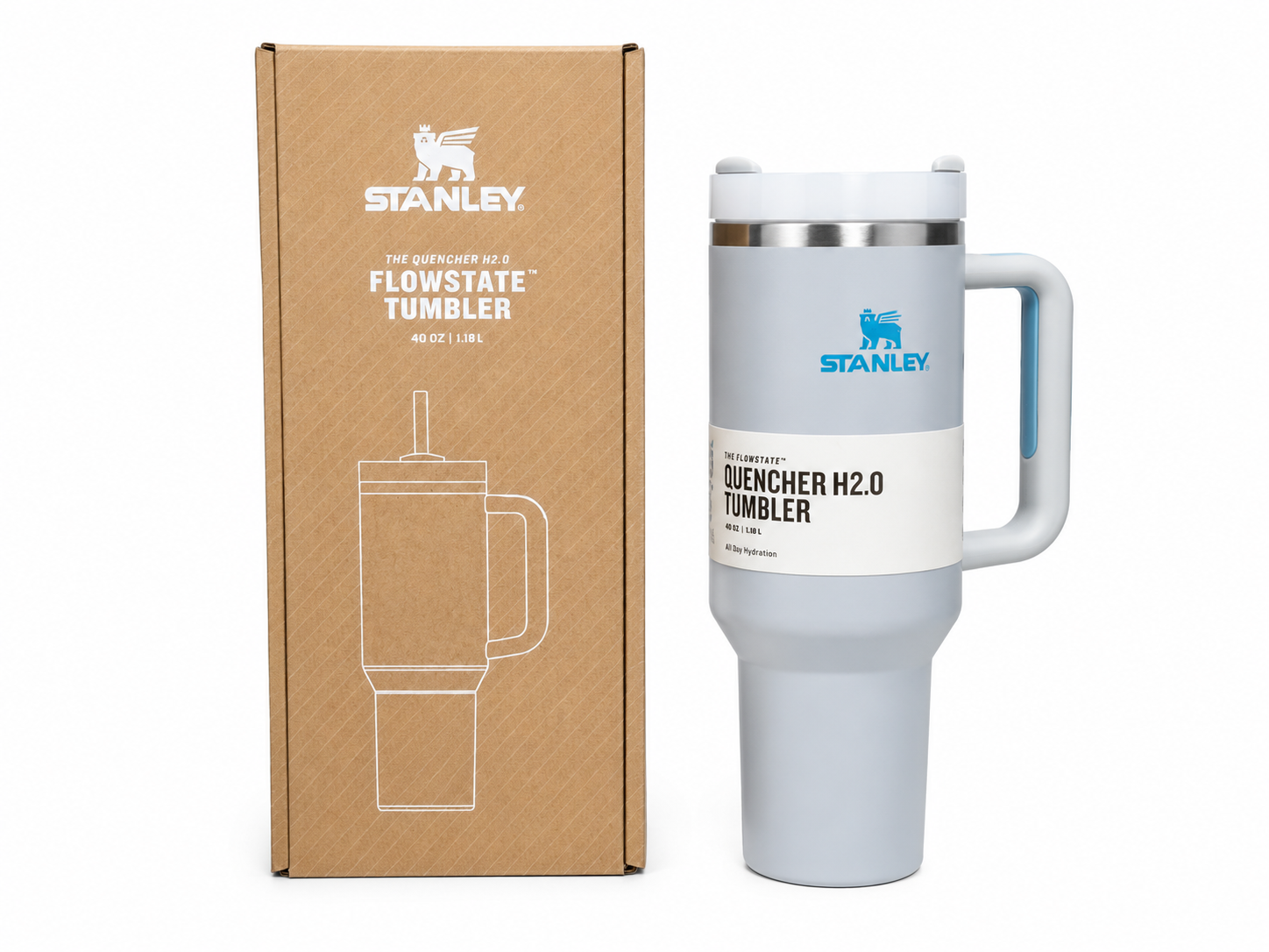 Vaso térmico con asa y pajilla reutilizable de 40 oz color gris claro.