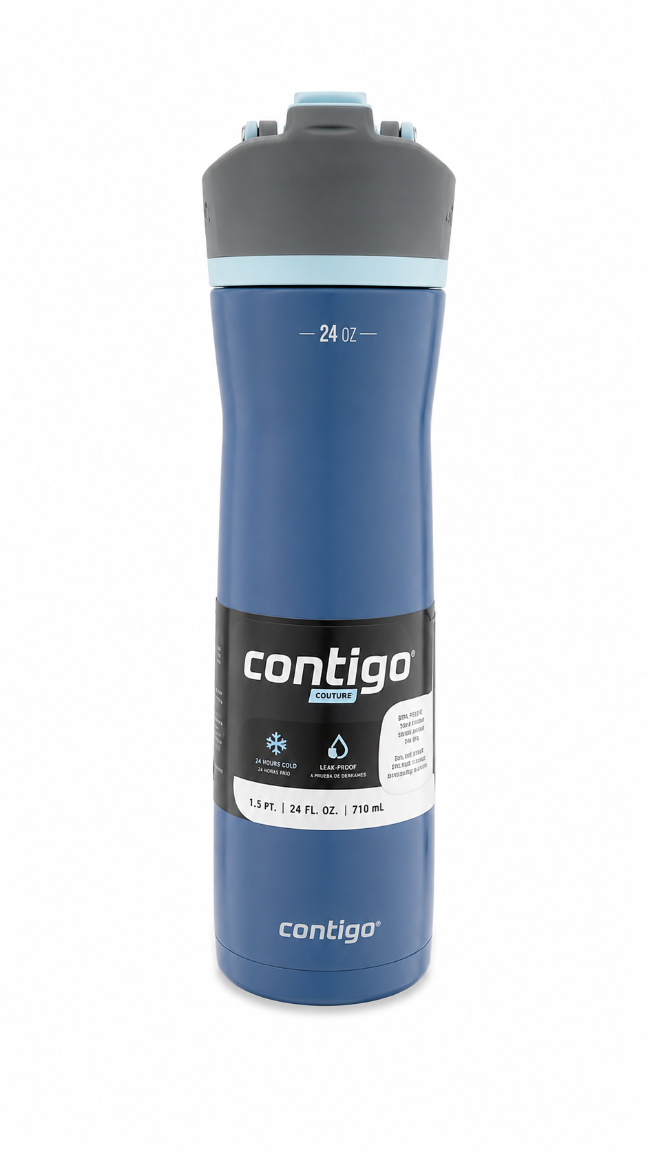 Botella térmica azul con tapa antiderrames y capacidad de 24 oz.