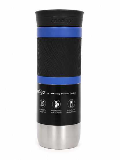 Vaso térmico de acero inoxidable con tapa antiderrames y agarre antideslizante.
