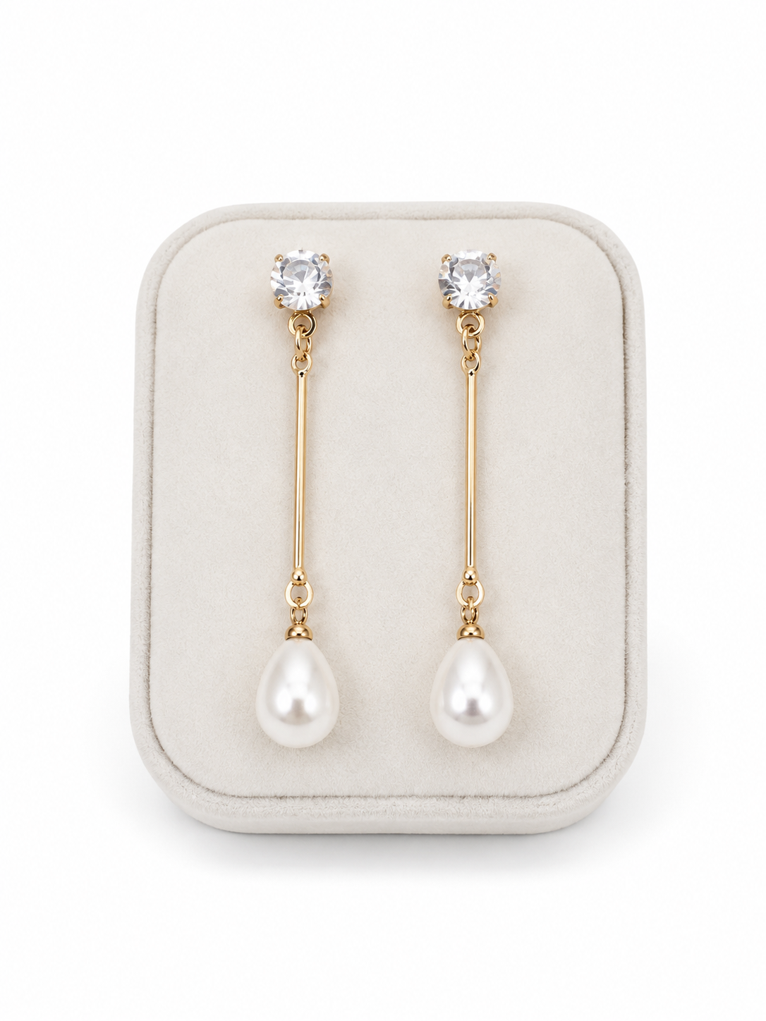 Aretes Colgantes con Cristal Transparente y Gota Color Blanco.