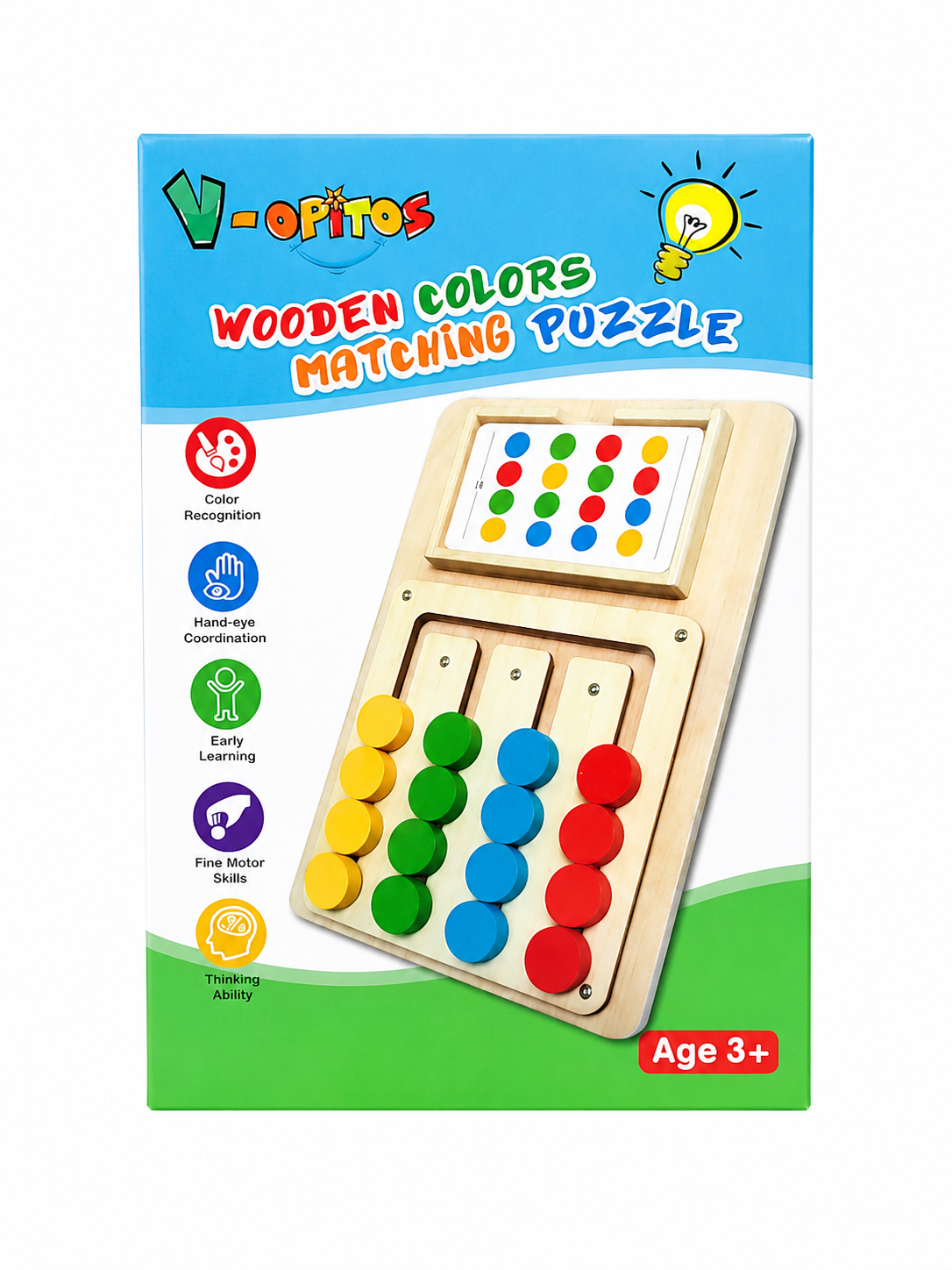 Rompecabezas educativo de madera para combinación de colores y desarrollo de habilidades motoras, 3+ años.