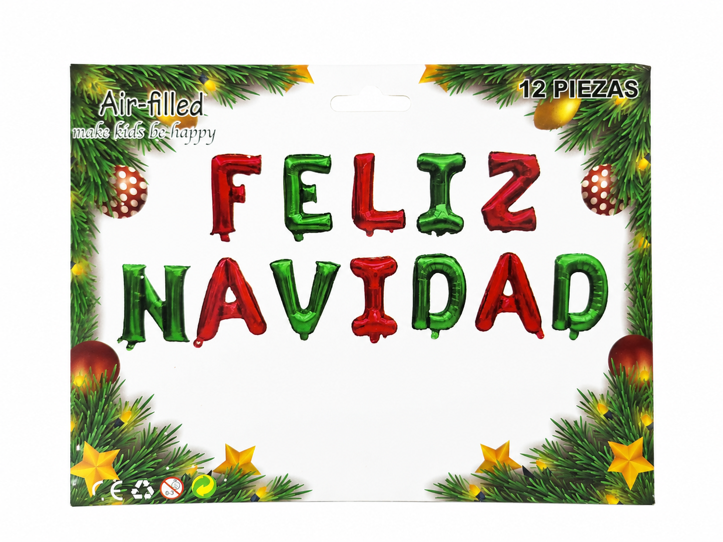 Kit de globos metalizados con letras Feliz Navidad para decoración de fiestas navideñas.