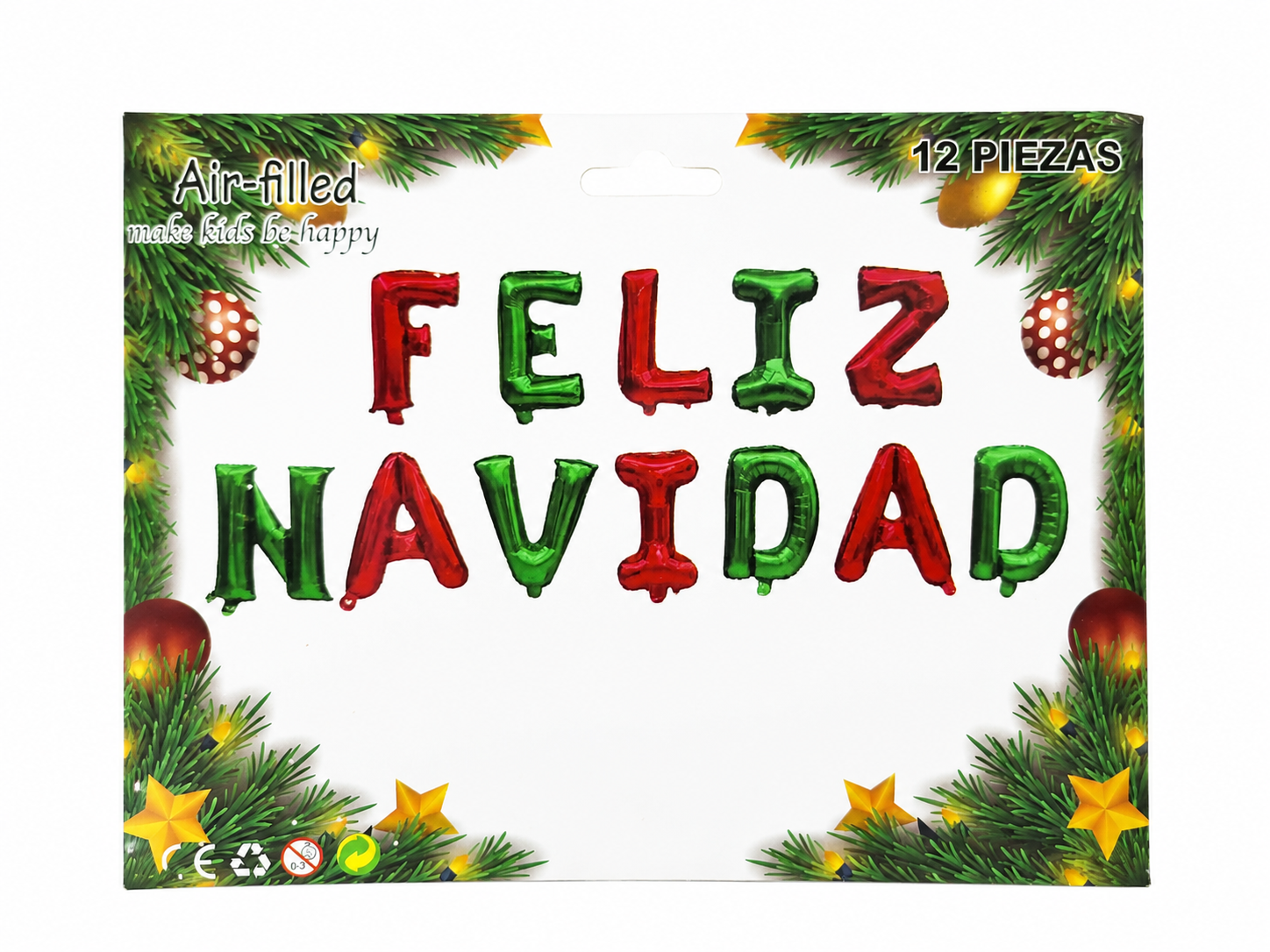Kit de globos metalizados con letras Feliz Navidad para decoración de fiestas navideñas.