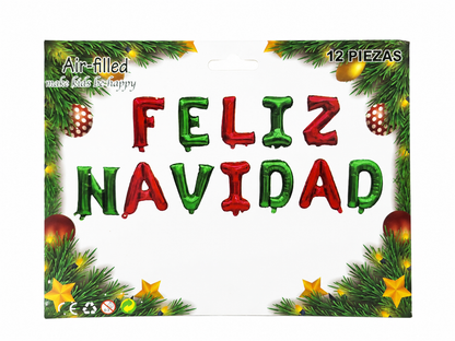 Kit de globos metalizados con letras Feliz Navidad para decoración de fiestas navideñas.