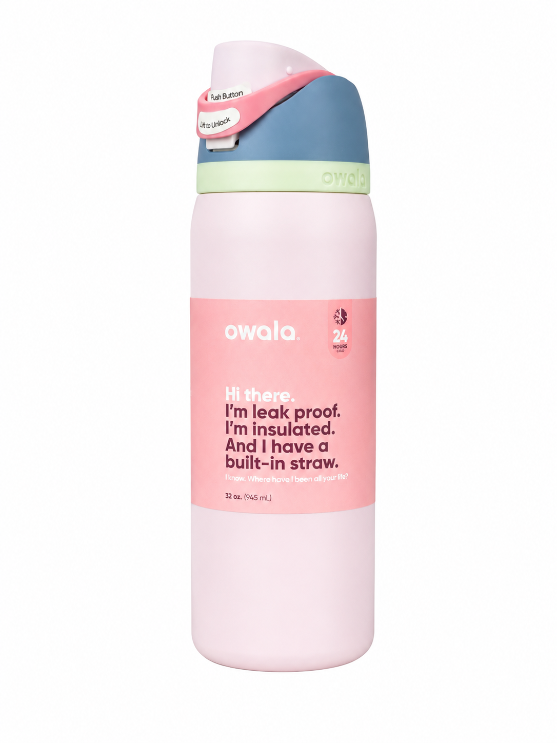 botella Térmica de Acero Inoxidable con Pajilla Integrada y Tapa Antiderrames, Color Rosa, 32 oz.