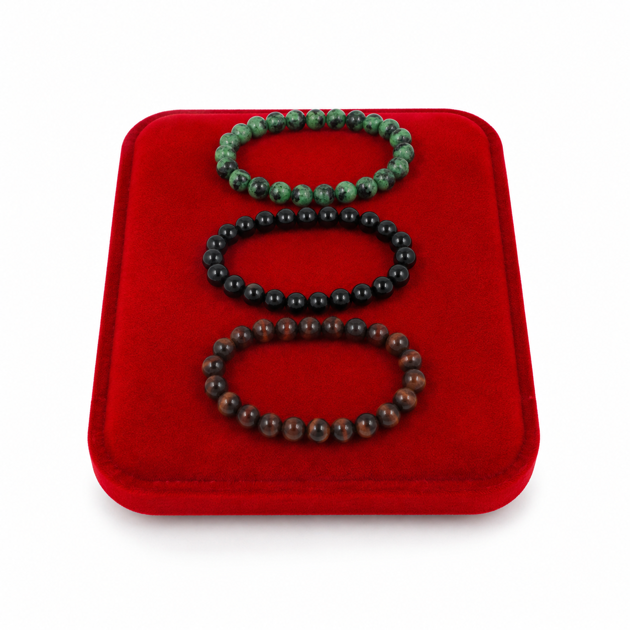 Set de 3 Pulseras Elásticas de Cuentas Naturales en Tonos Verde, Negro y Marrón.
