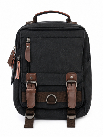 Mochila compacta de lona con múltiples compartimentos y detalles en color marrón para uso diario.