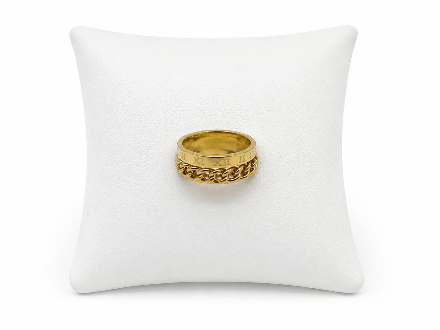 Anillo Giratorio con Números Romanos y Cadena Decorativa.