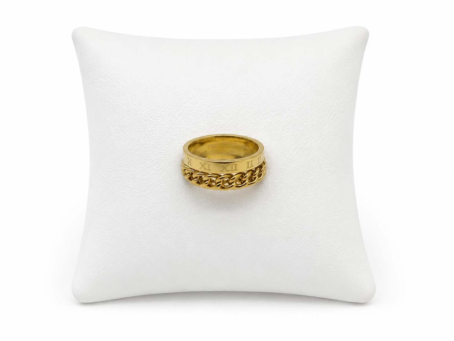 Anillo Giratorio con Números Romanos y Cadena Decorativa.