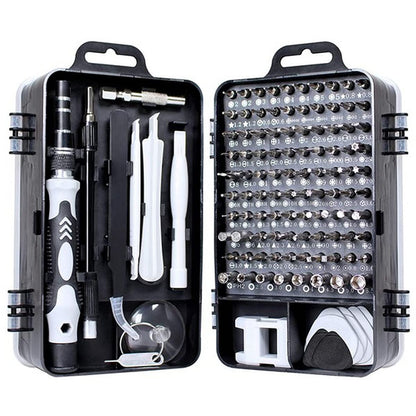 Kit de reparación electrónica cuenta con 115 piezas magnéticas, incluyendo puntas intercambiables de acero al cromo vanadio.