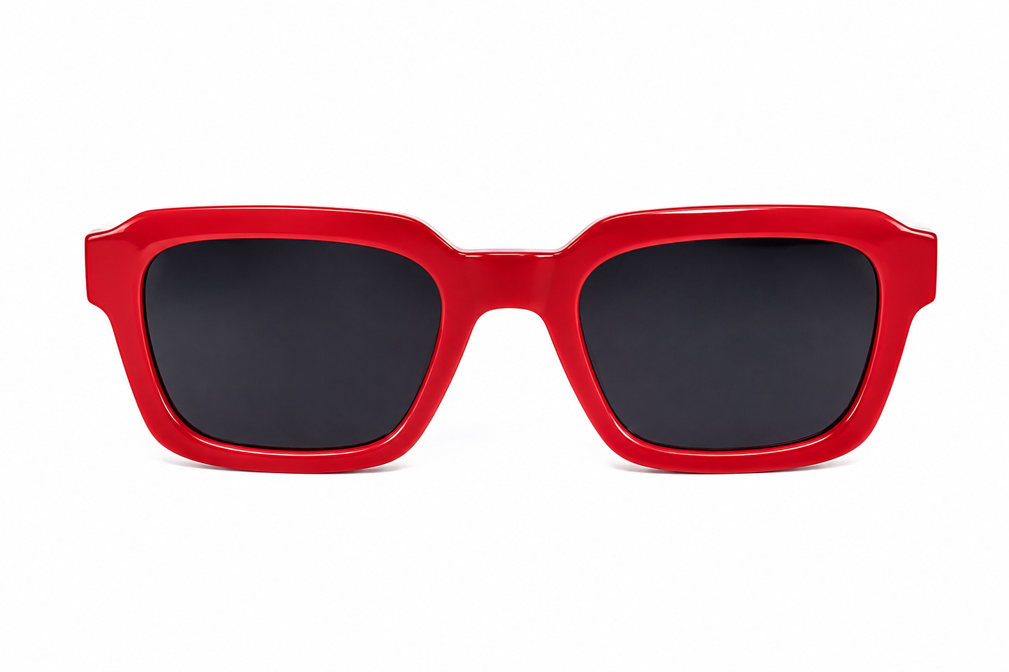 Gafas de sol rectangulares color rojo con lentes oscuros.