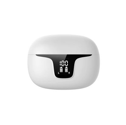 Audífonos inalámbricos  WS con estuche de carga que incluye una pantalla LED indicadora de batería.