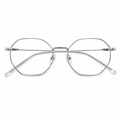 Gafas geométricas plateadas con cristales transparentes.