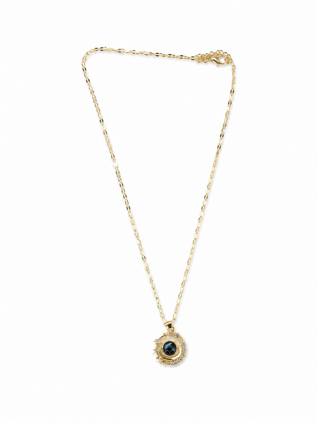Collar Dorado con Colgante de Luna y Piedra Azul – Collar Elegante para Mujer.