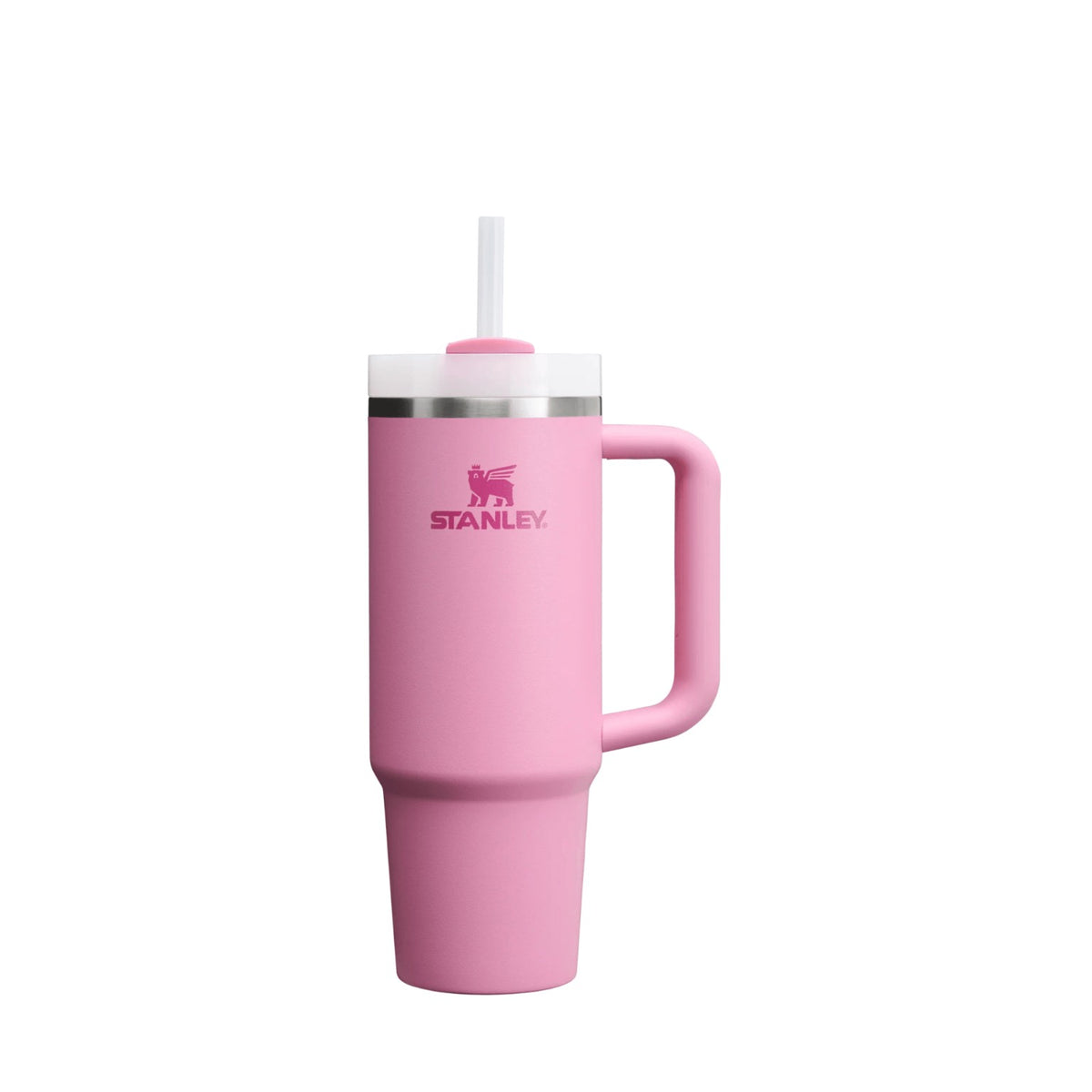 Vaso térmico rosa con asa, tapa y pajilla.