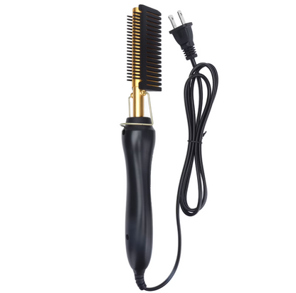 Peine caliente eléctrico multifuncional 2 en 1 que sirve para alisar o rizar el cabello.