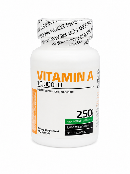 Suplemento de Vitamina A 10.000 UI con 250 Cápsulas Blandas.