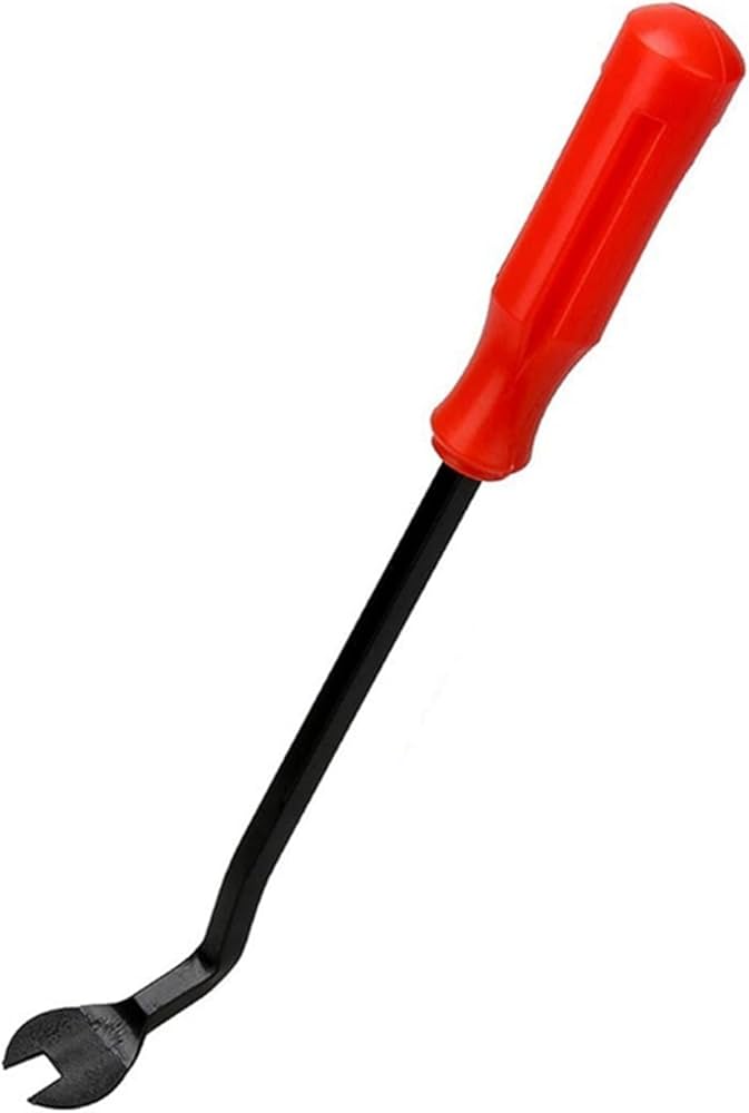 Herramienta de extracción de molduras para puertas de coche cuenta con un mango de plástico rojo y un eje de acero robusto.