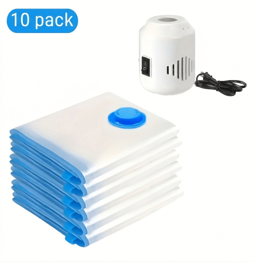 Pack de Bolsas de almacenamiento al vacío 10 und, para ropa con bomba eléctrica y cierre de compresión.