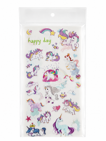 Set de pegatinas decorativas con diseño de unicornios, arcoíris y estrellas.