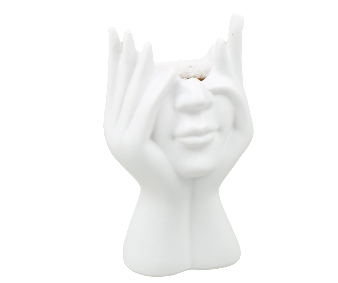 Maceta decorativa de cerámica blanca pequeña con forma de cara y manos