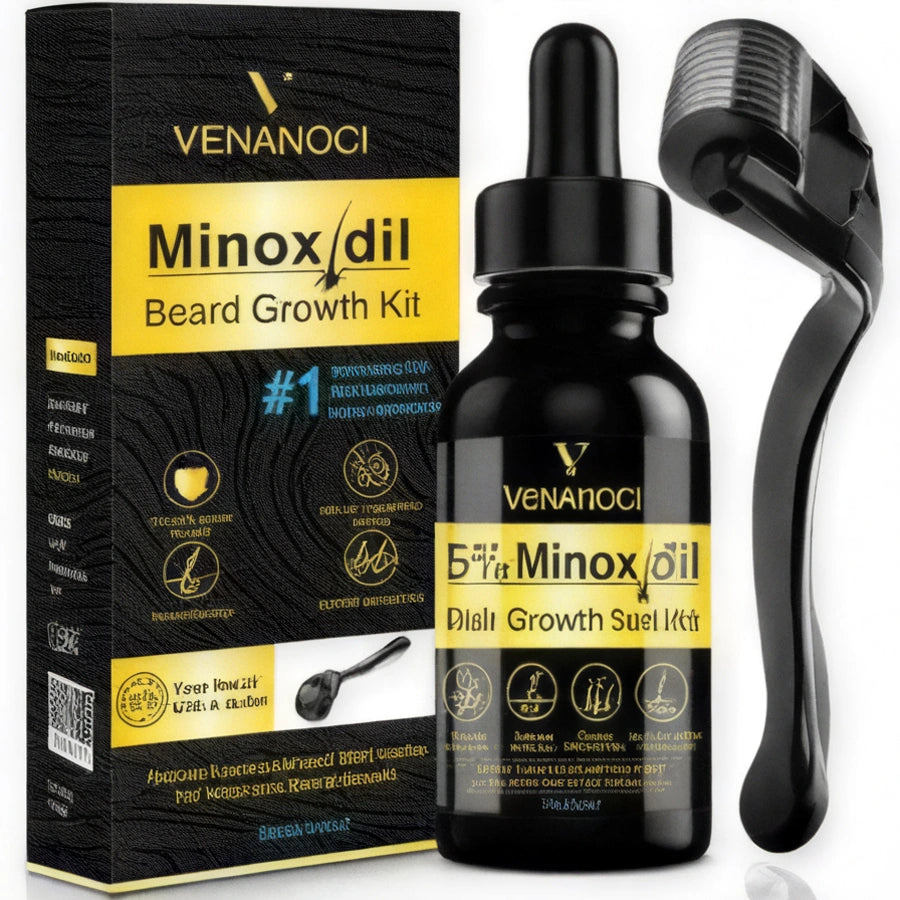 Kit de crecimiento de barba y cabello Venanoci con un 5% de Minoxidil, diseñado para promover un crecimiento más grueso y completo.