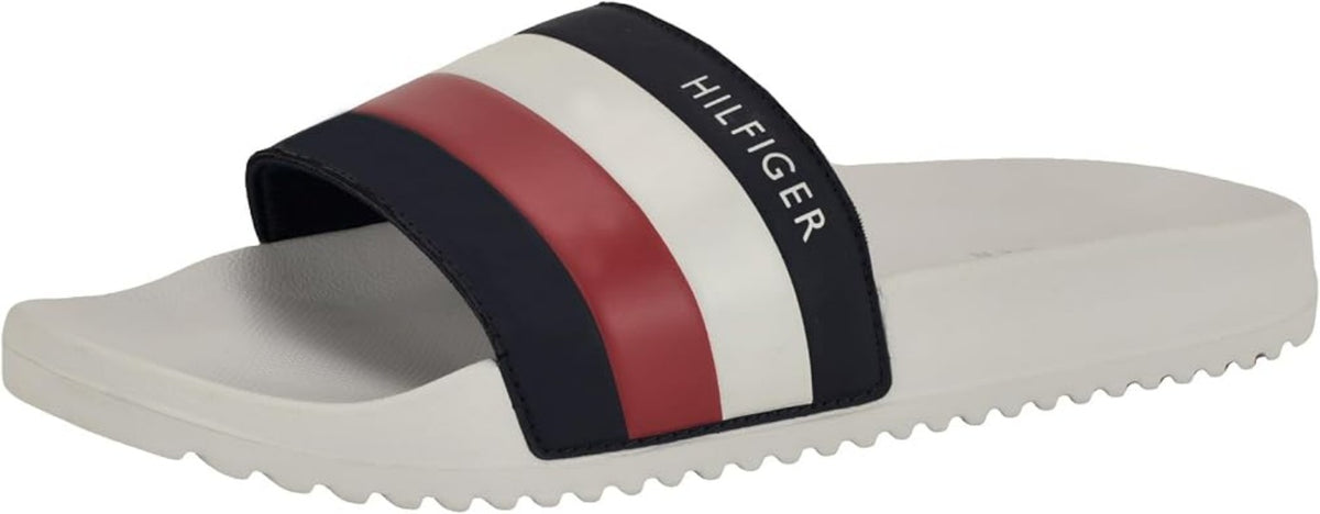 Sandalias tipo slide con franjas azul marino, blanco y rojo, talla 9.