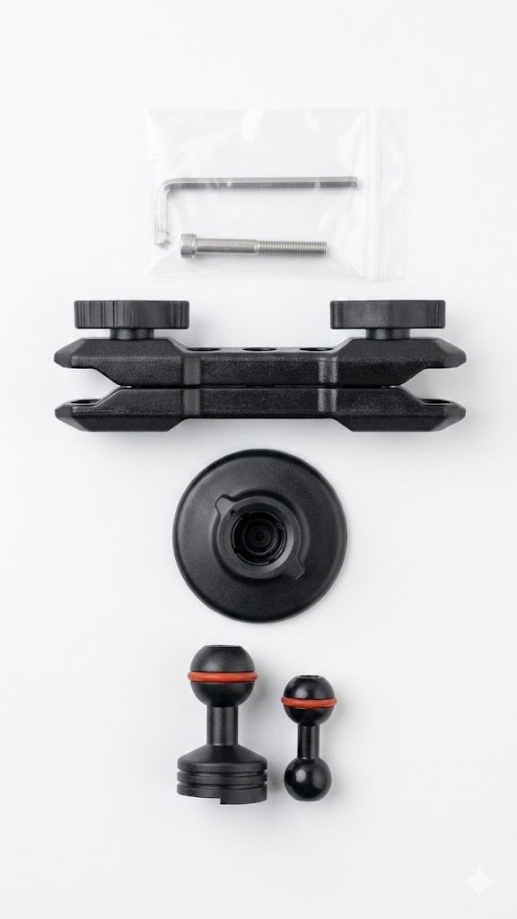 Kit  que incluye componentes de montaje ajustables, como un brazo de doble bola y base magnética.