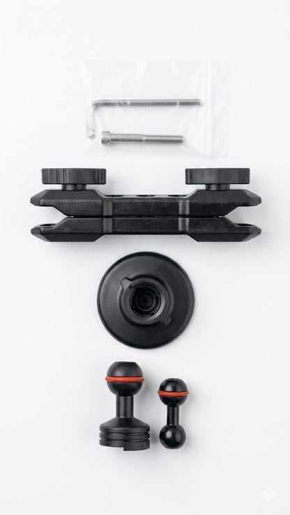 Kit  que incluye componentes de montaje ajustables, como un brazo de doble bola y base magnética.