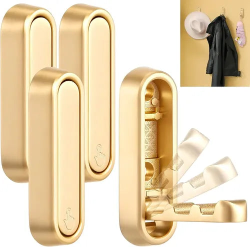 Ganchos plegables, fabricados en aleación de zinc de color dorado, son ideales para colgar abrigos, sombreros o bolsos en espacios reducidos.