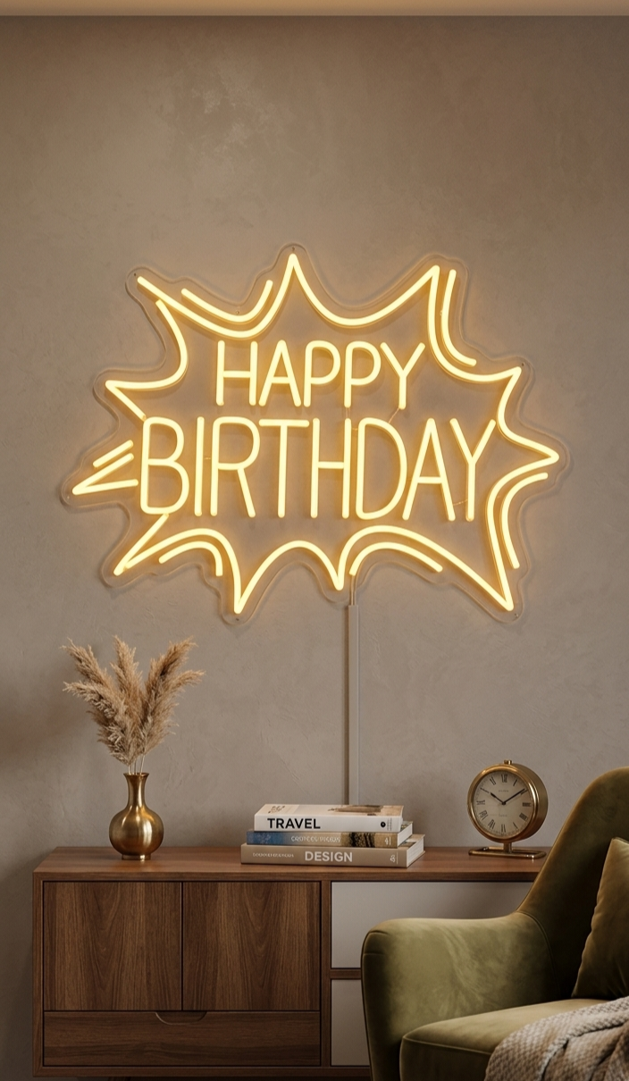 Letrero de neón de feliz cumpleaños para decoración de pared.