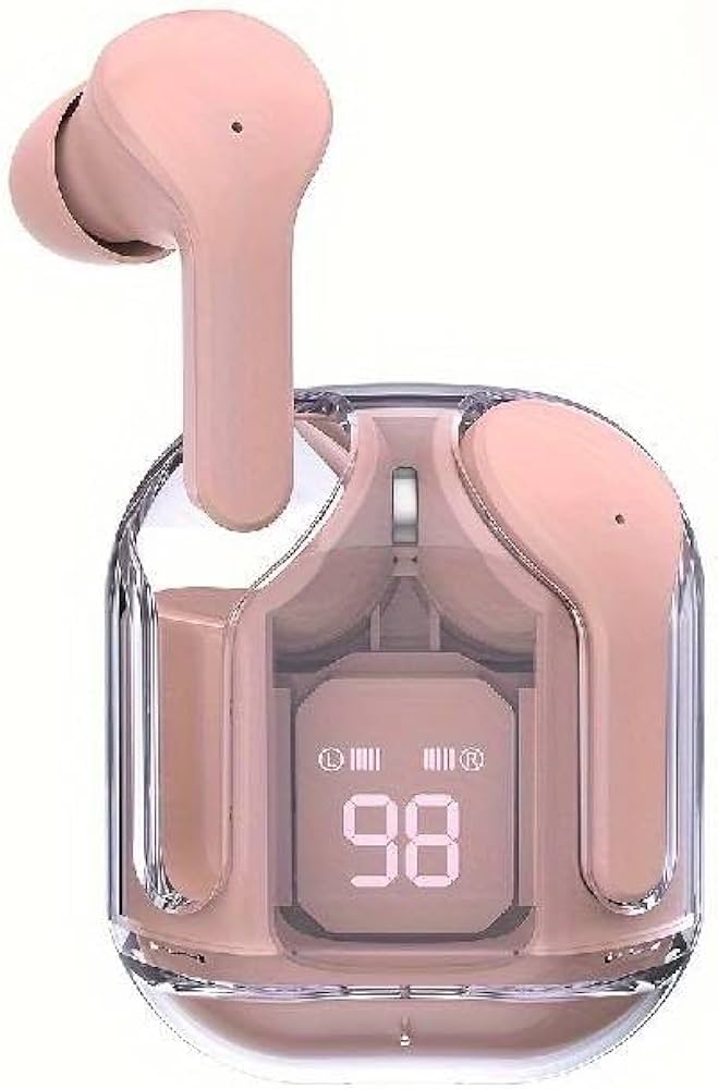 Auriculares inalámbricos rosas, conocidos por su estuche de carga transparente.