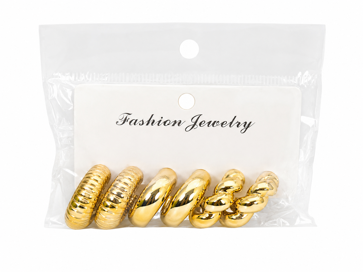 Set de 3 Pares de Aretes Tipo Huggie en Acabado Dorado con Diseños Texturizados y Trenzados.