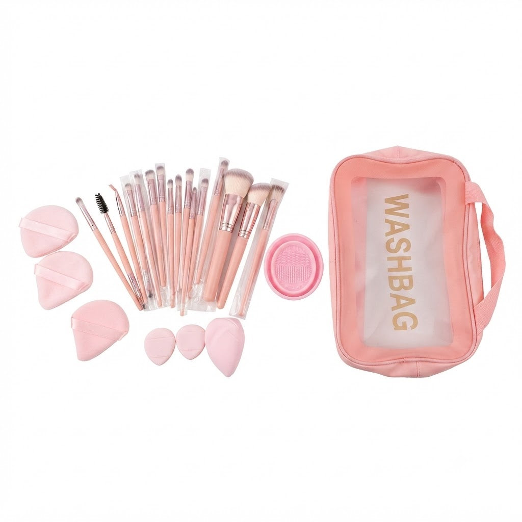 Kit de brochas de maquillaje presenta un diseño en color rosa con cerdas sintéticas y un neceser transparente.