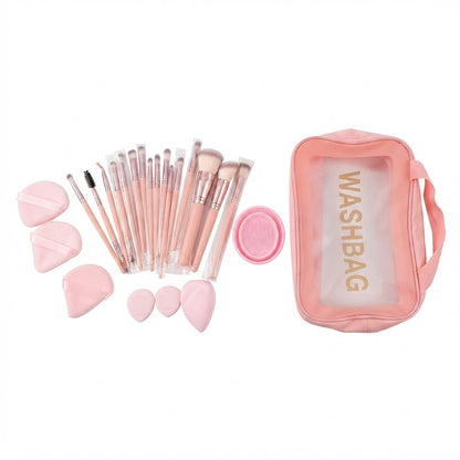 Kit de brochas de maquillaje presenta un diseño en color rosa con cerdas sintéticas y un neceser transparente.