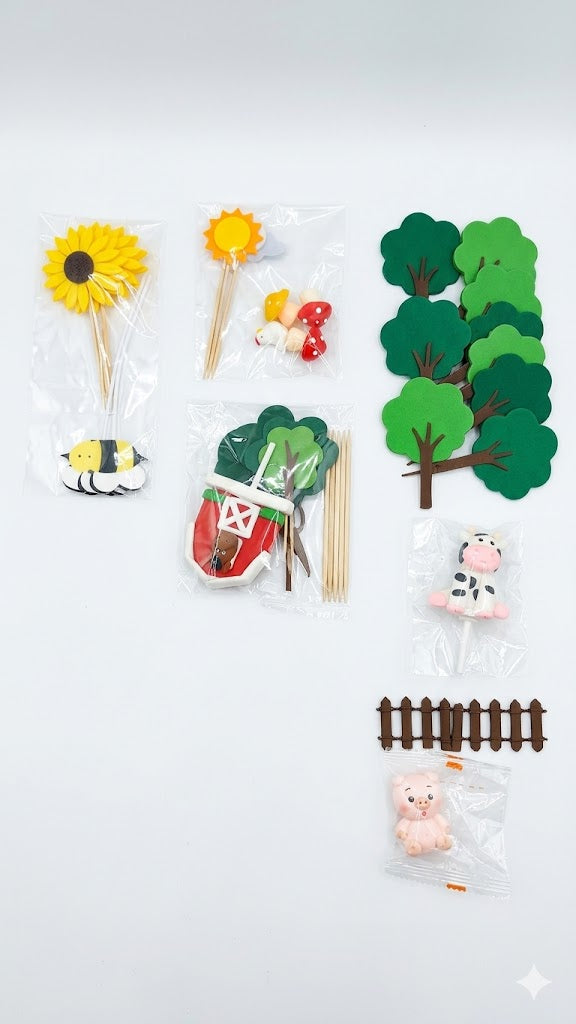 Adornos para pasteles de animales de granja hechos a mano son perfectos para decorar fiestas temáticas de cumpleaños o baby showers.
