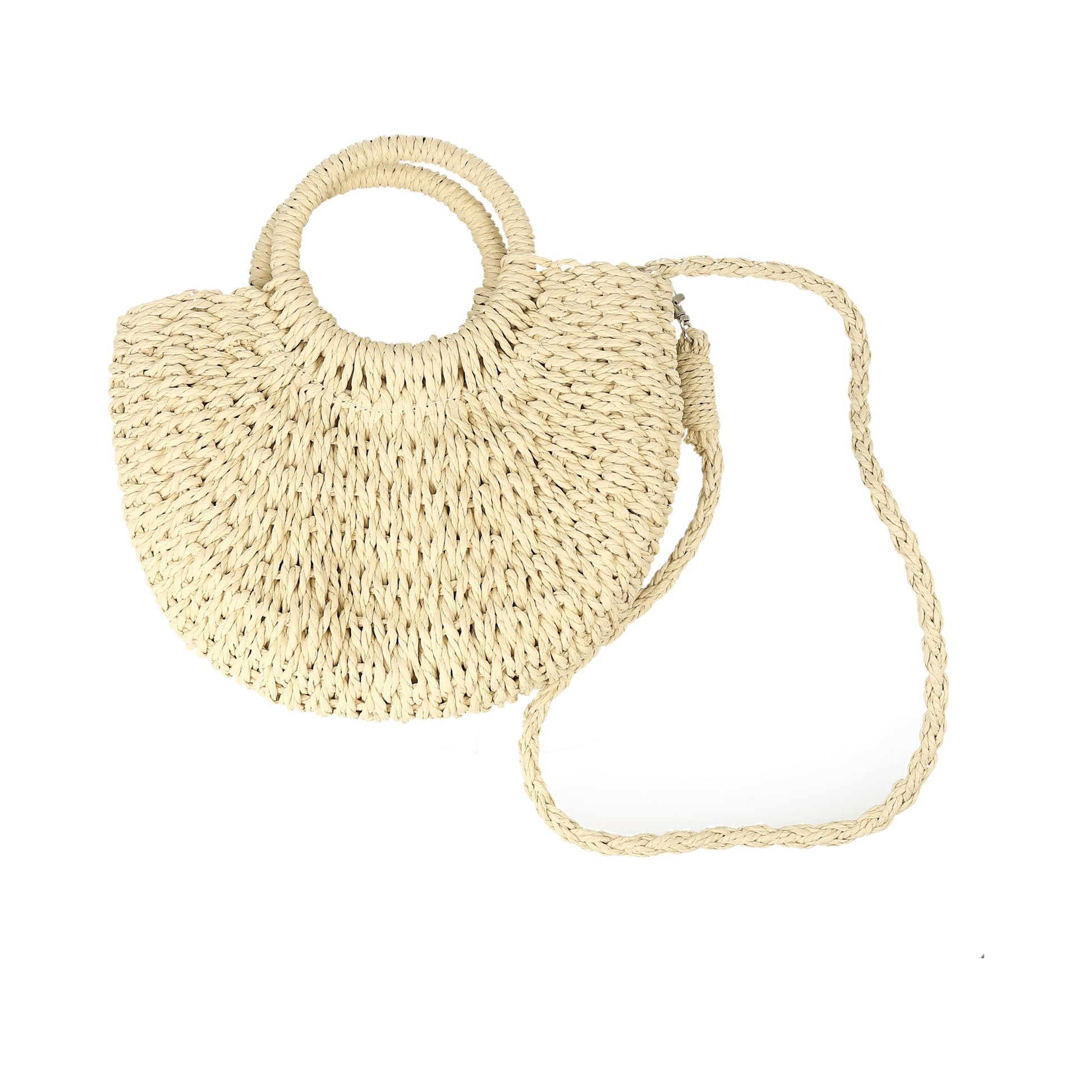 cartera de paja tejida con asas circulares y correa para el hombro