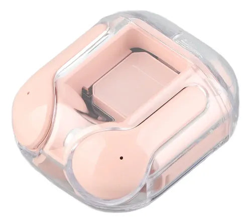 Auriculares inalámbricos TWS de color rosa con estuche de carga transparente y cable USB incluido.