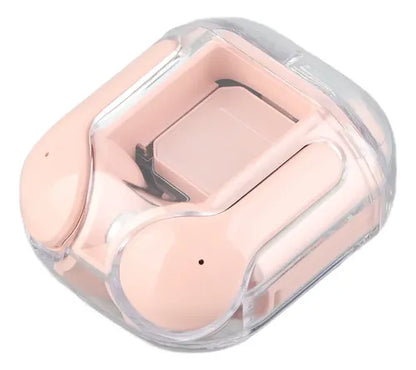 Auriculares inalámbricos TWS de color rosa con estuche de carga transparente y cable USB incluido.