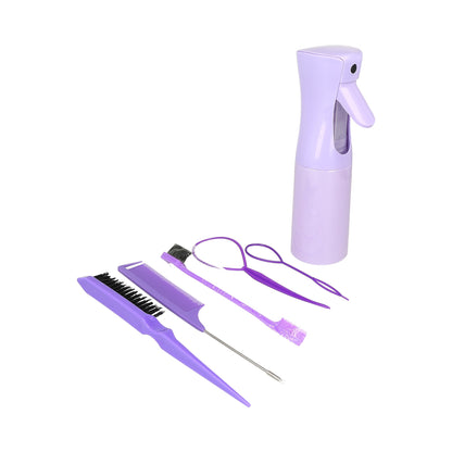 combo de herramientas para el cuidado del cabello que incluye un pulverizador y varios peines de plástico morado.