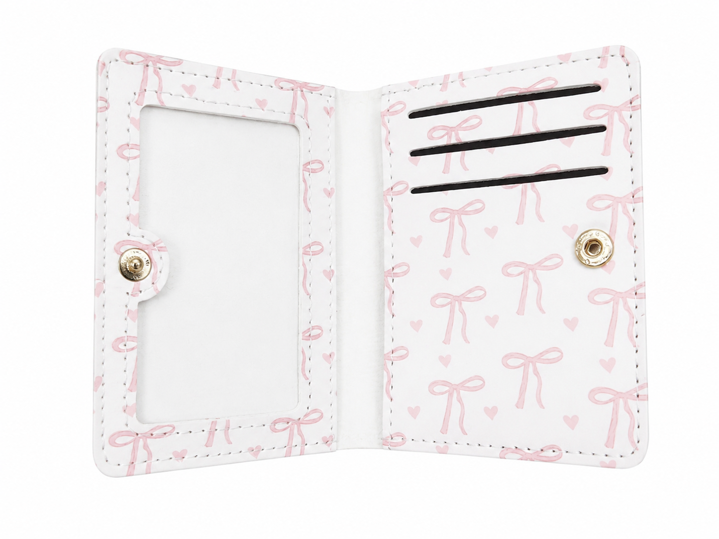 Billetera plegable con ventana para identificación y diseño de lazos en color blanco y rosa.