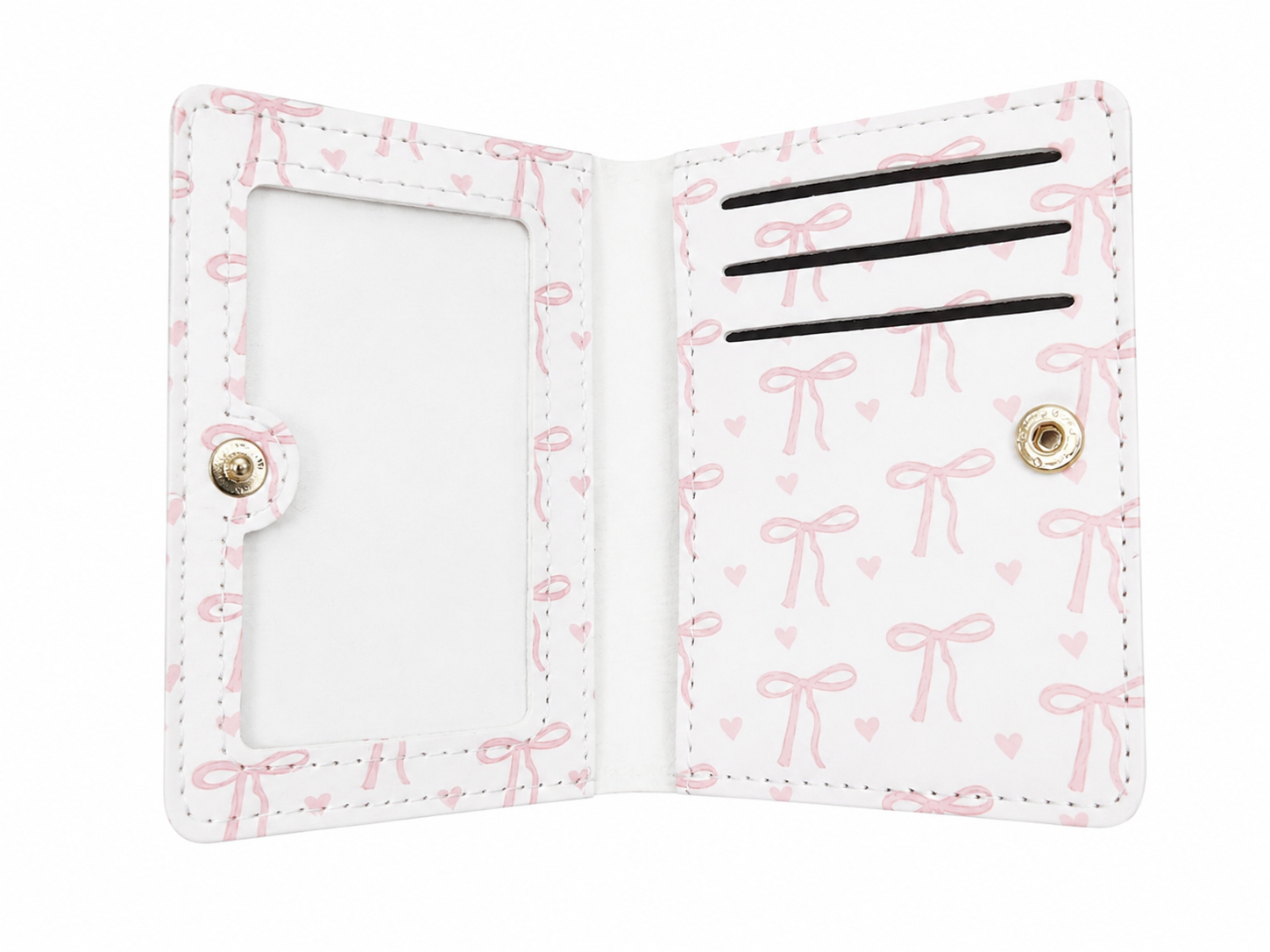 Billetera plegable con ventana para identificación y diseño de lazos en color blanco y rosa.