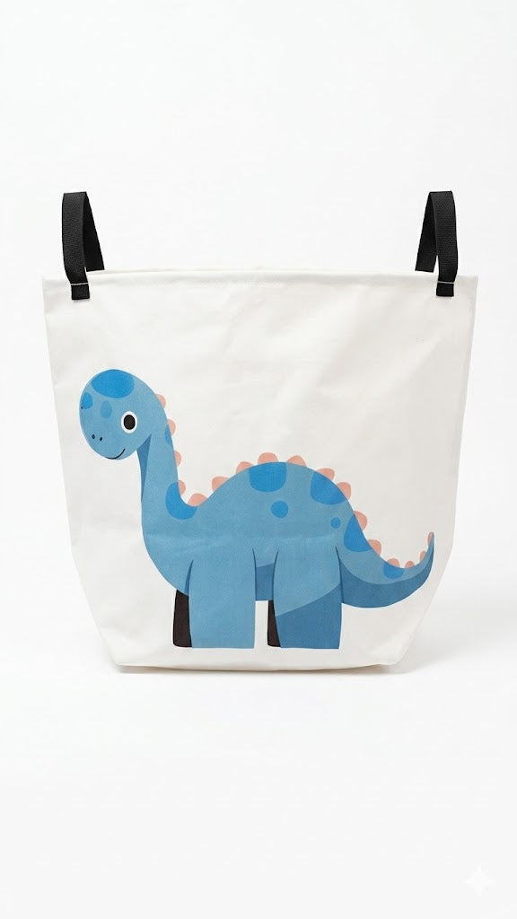 Bolsa de almacenamiento infantil blanca cuenta con un estampado de dinosaurio azul y asas negras para facilitar su transporte.
