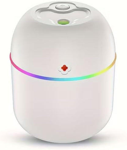 Humidificador compacto con alimentación USB y luz nocturna de brillo suave para escritorio, coche o dormitorio.