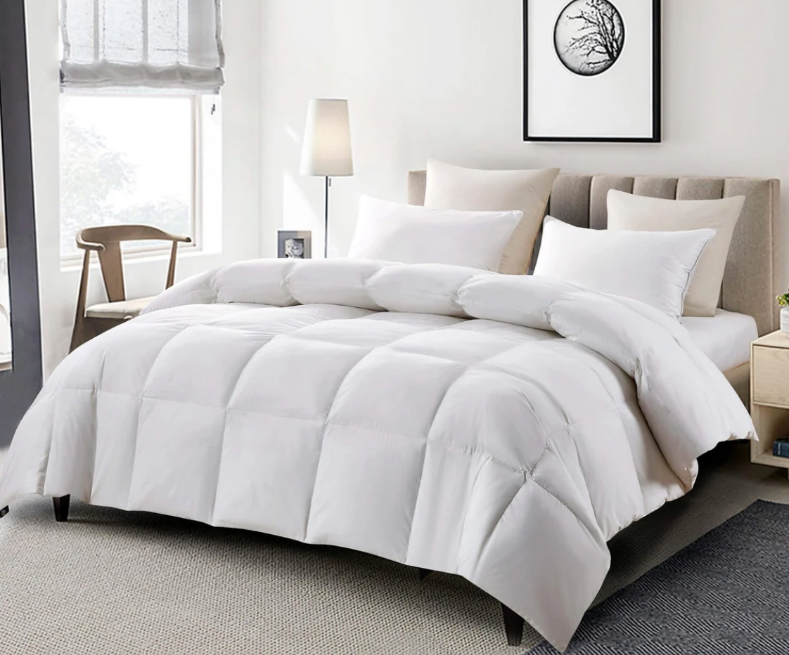 Edredón de ropa de cama hipoalergénico de lujo hotelero queen size, 90"x90", en pluma de ganso y fibra de algodón.